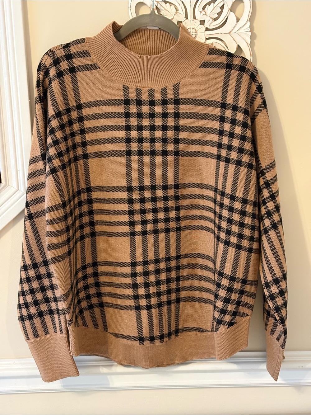 Design History Camel and Black Plaid Turtleneck Sweater